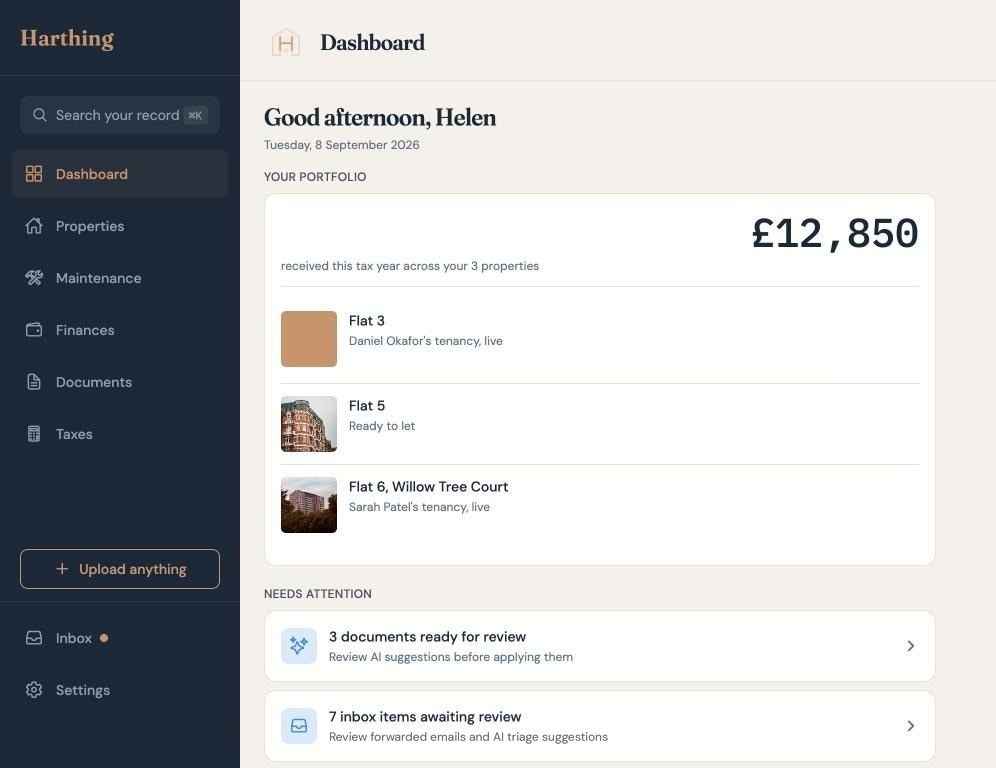 The Harthing dashboard, with three properties and a list of what needs attention.