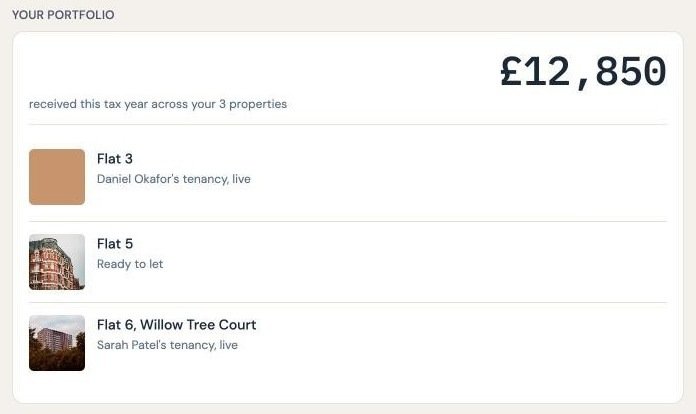 Three properties in one list, each with its photograph and whether it is let or ready to let.