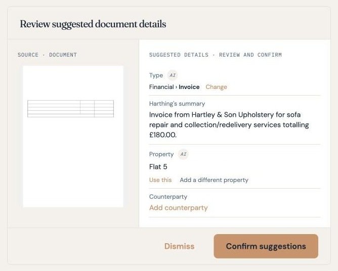An invoice from Hartley and Son Upholstery, read and waiting to be confirmed, with its type, a summary and the property filled in.