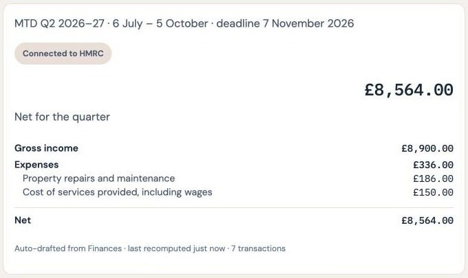 The taxes screen, with the quarter added up and the deadline in view.