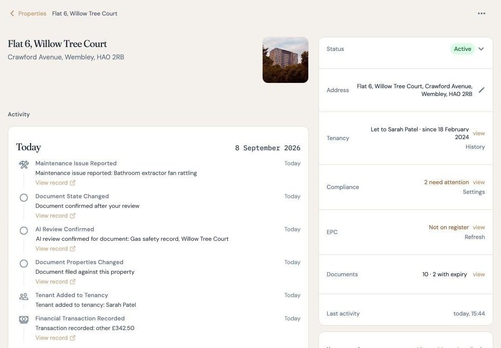 One property page, with its photograph, tenancy, compliance and documents, and its activity in the order it happened.