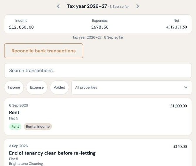 The finances screen, with rent in, costs out, and each transaction tagged to a property and a category.