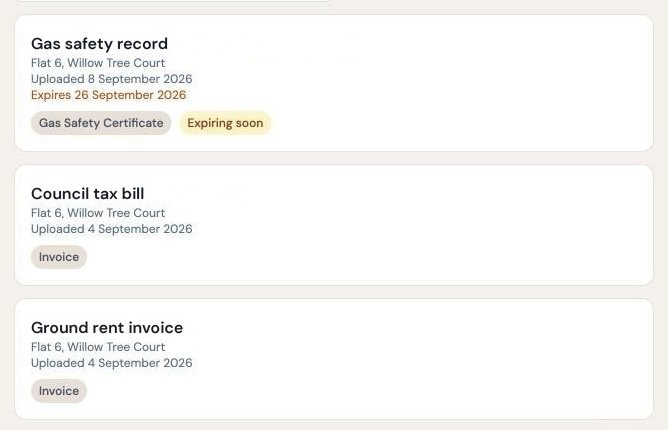 A list of documents for Flat 6, Willow Tree Court, with the gas safety record marked as expiring soon.